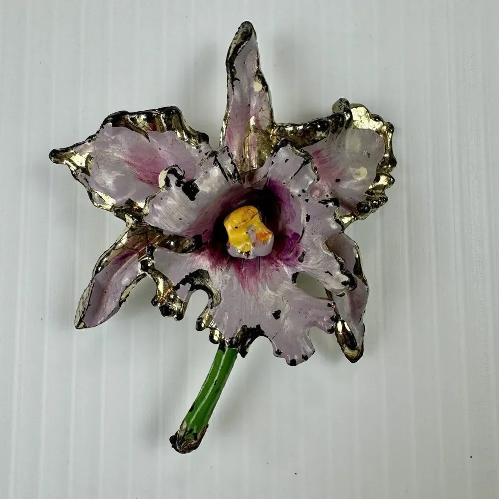 Vintage Floral Pink Purple Flower Orchid Painted Enamel Brooch Lightweight